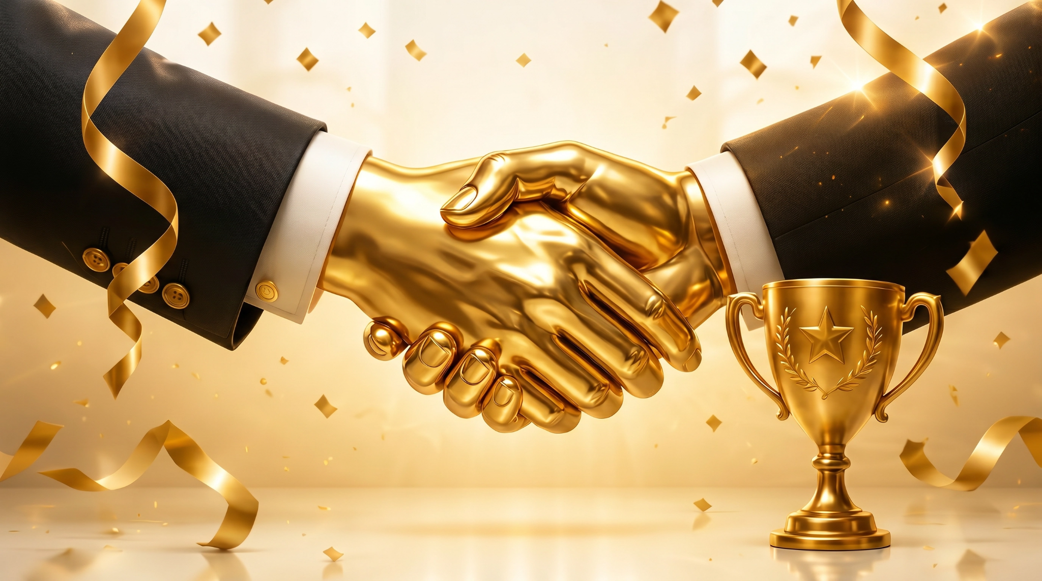 Golden handshake and trophy for awards and recognition