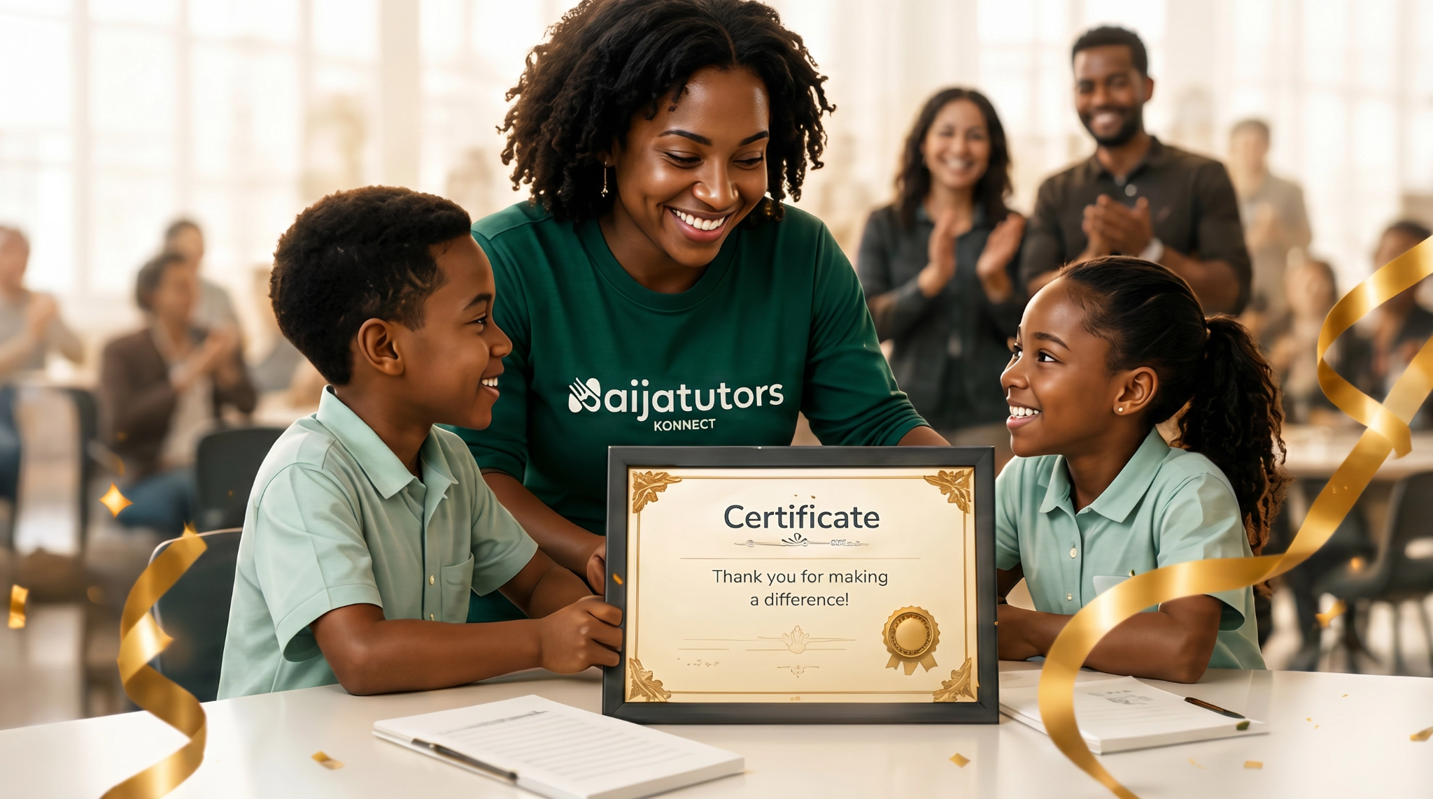 Tutor and students holding a certificate of appreciation